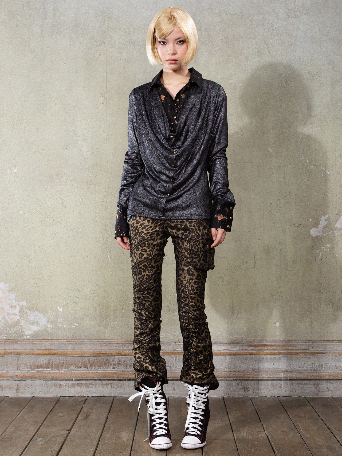 Leopard Print Punk Texture Low-waist Shirring Flared Pants