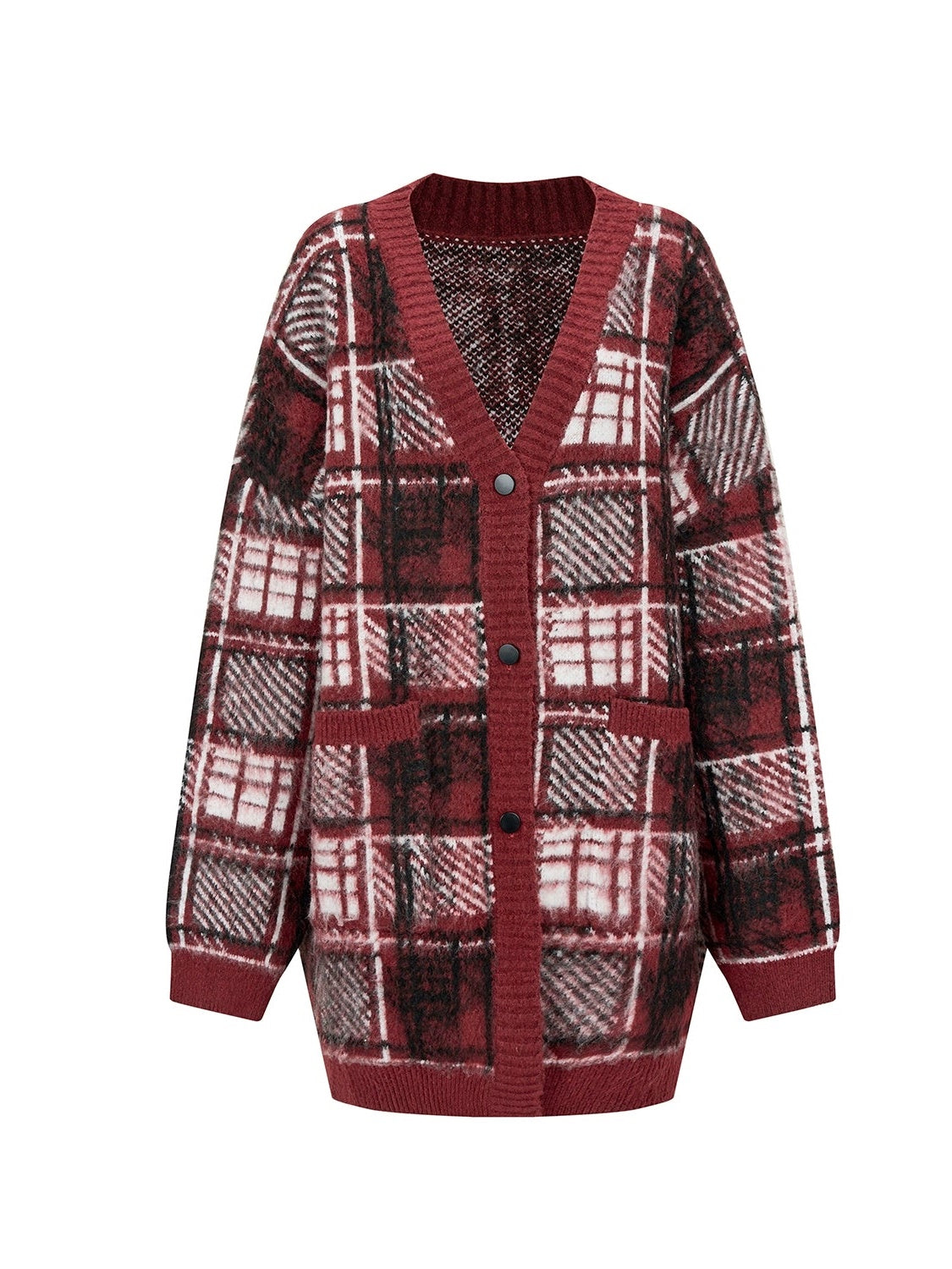 Plaid übergroße V-Ausck-Strickjacke