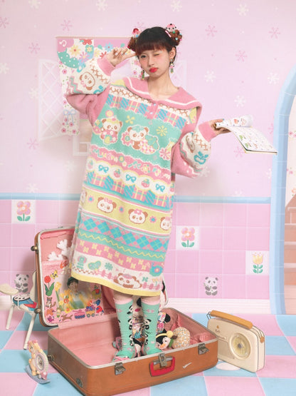 Sailor Collar Multi Border Knitted One-piece