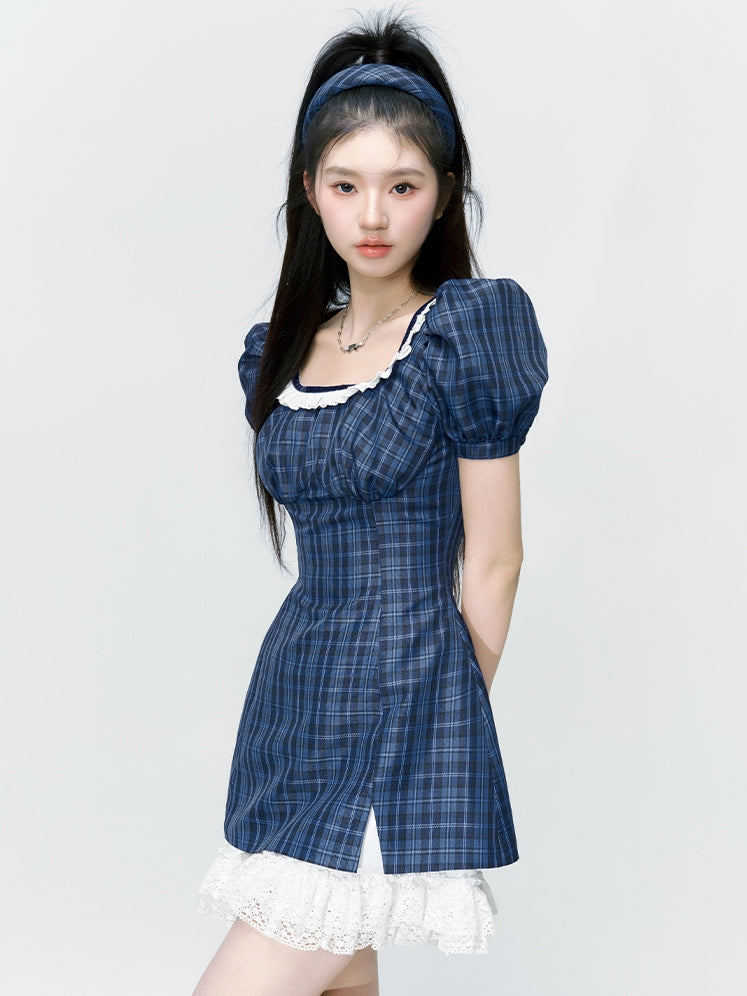 Puff-sleeves Lace Girly Checked One-piece