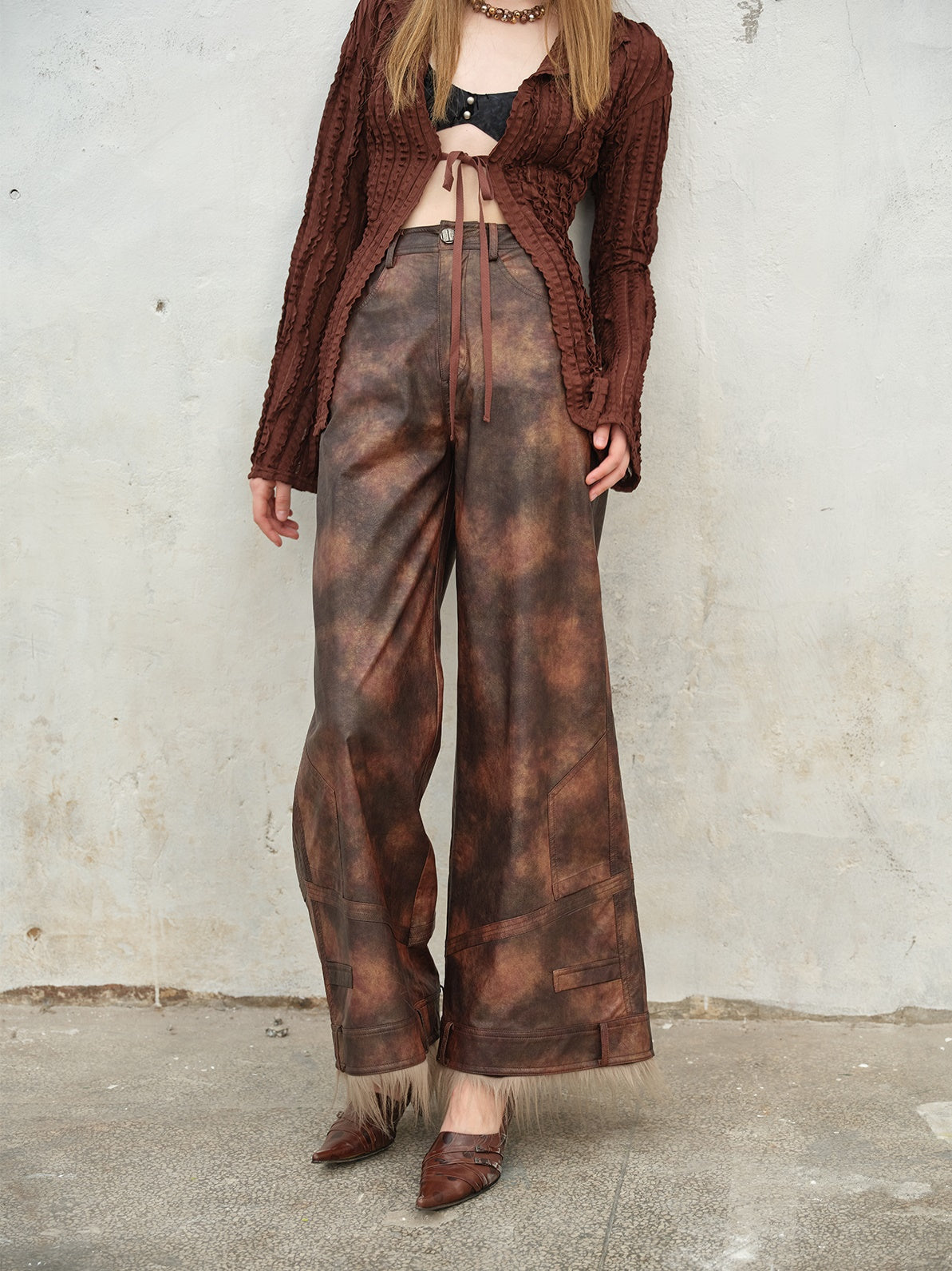 Fur Edged Smudged Leather Pants