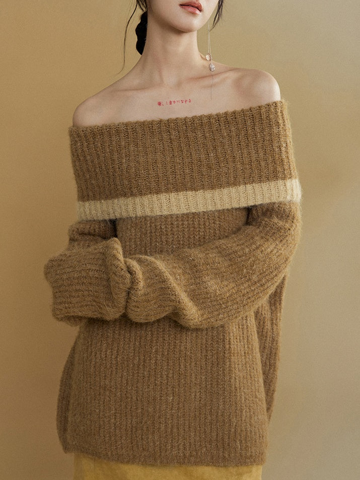 Large Lapel Contrasting Off-Shoulder Sweater