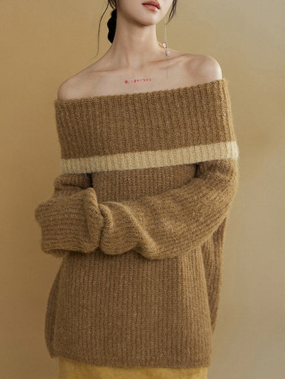 Large Lapel Contrasting Off-Shoulder Sweater