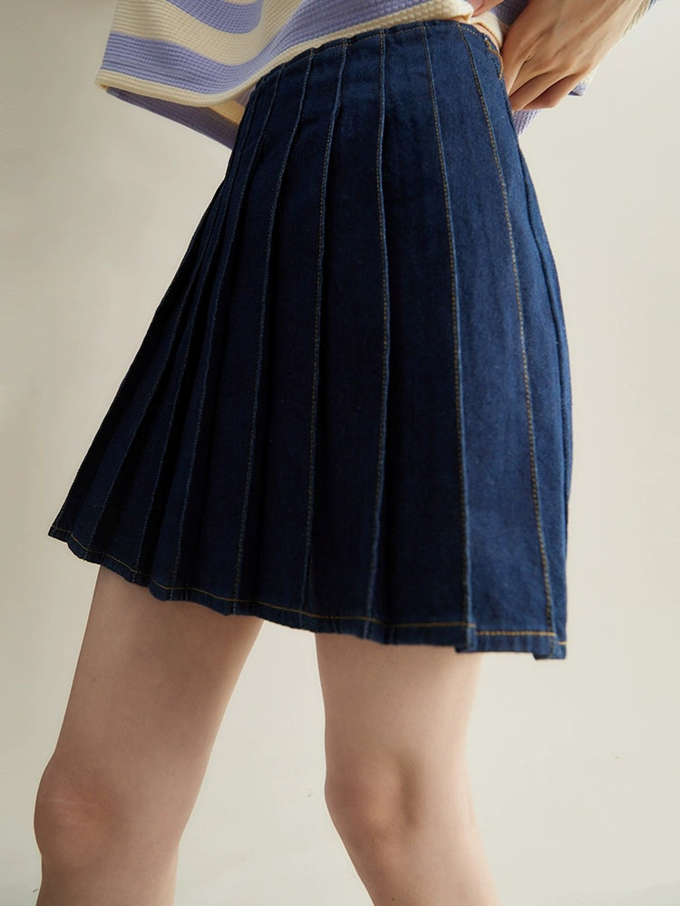 A-line Short Denim Pleated Skirt