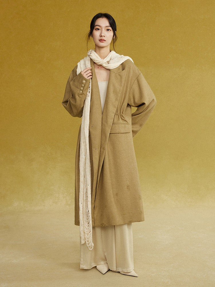 Drawstring Waist Frayed Long Coat