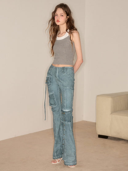 Slender Washed Retro Design Flare Pants