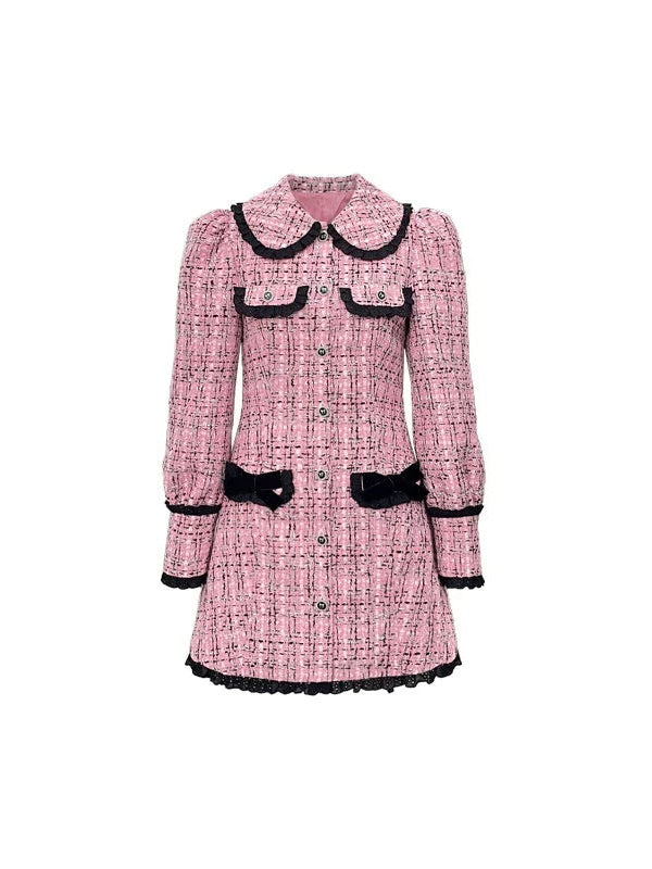 Plaid Doll Collar Lace Bow Puff Sleeve Dress