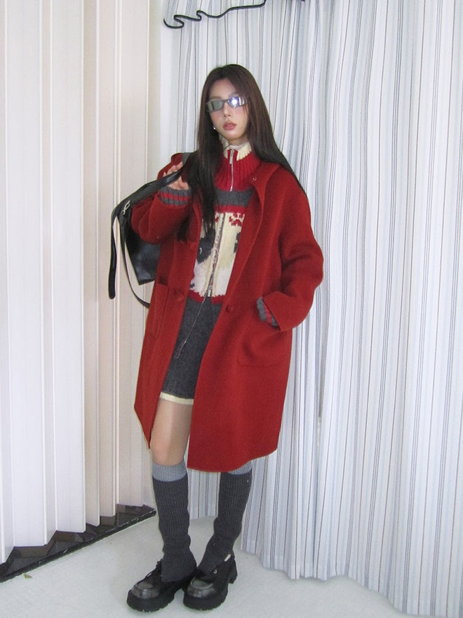 Vivid Hoodie Oversize Wool Simple Long-Coat