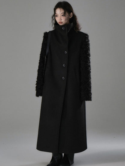 Plush Fur Sleeve Splicing Stand Collar Coat