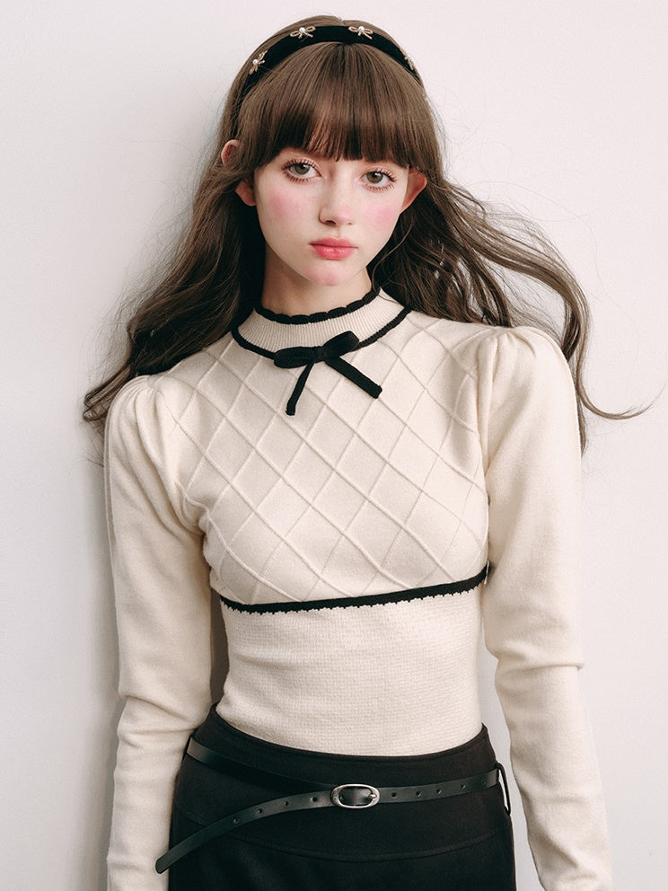 Bottle-neck Puff Sleeve Knitted Top