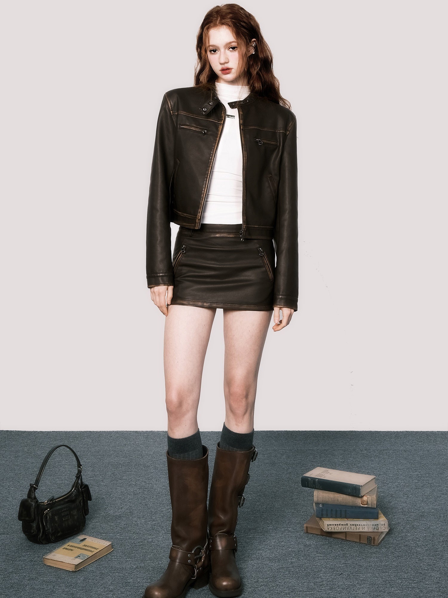 Retro Short Leather Jacket &amp; Ultra Mini Skirt