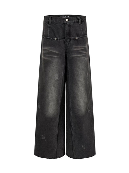 Washed Layered Design Wide-leg Jeans