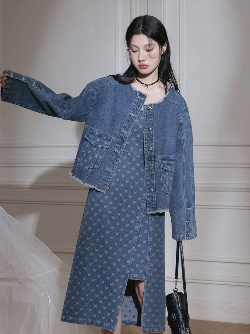 Raw Edge Jacquard Denim Jacket & Butterfly Suspender Skirt