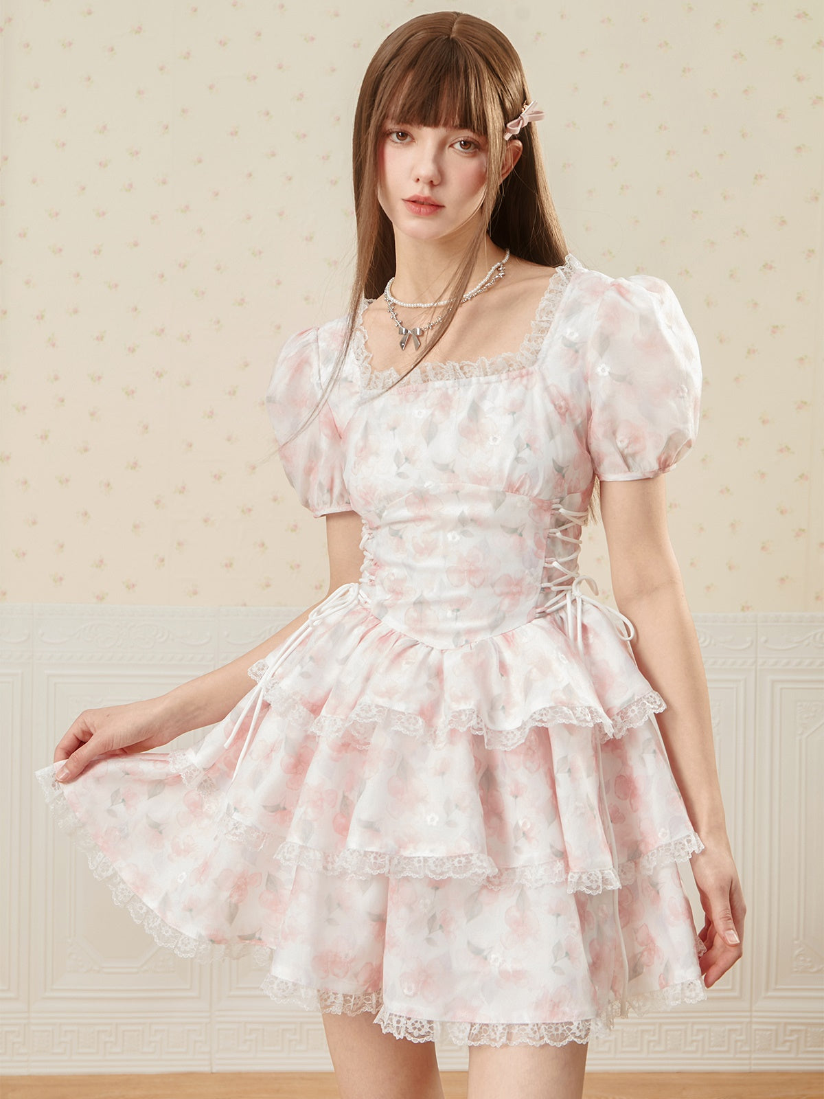 SQUARE COLLAR SIDE LACEUUP PUFF CAKE Dress