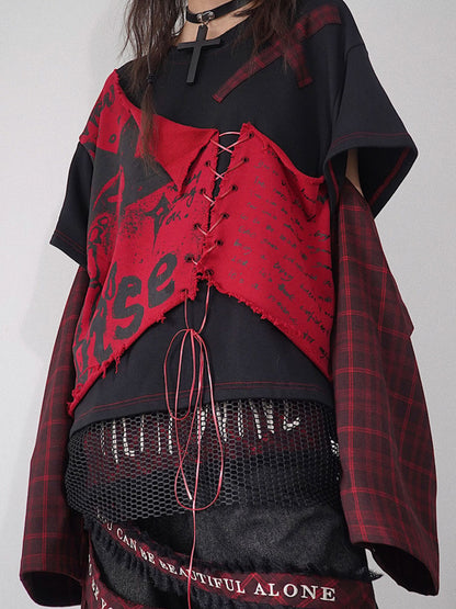 Niche Printed Plaid Stitching Layered Design Top