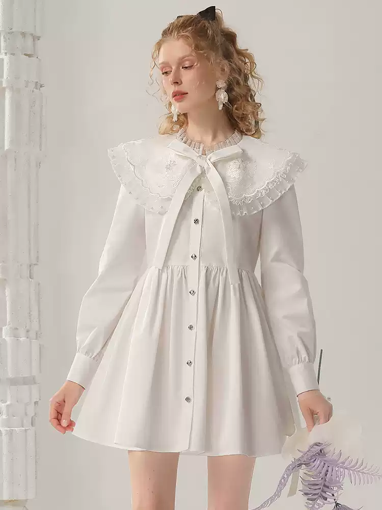 Embroidery Flower Lace Ribbon Shirt Flare Dress