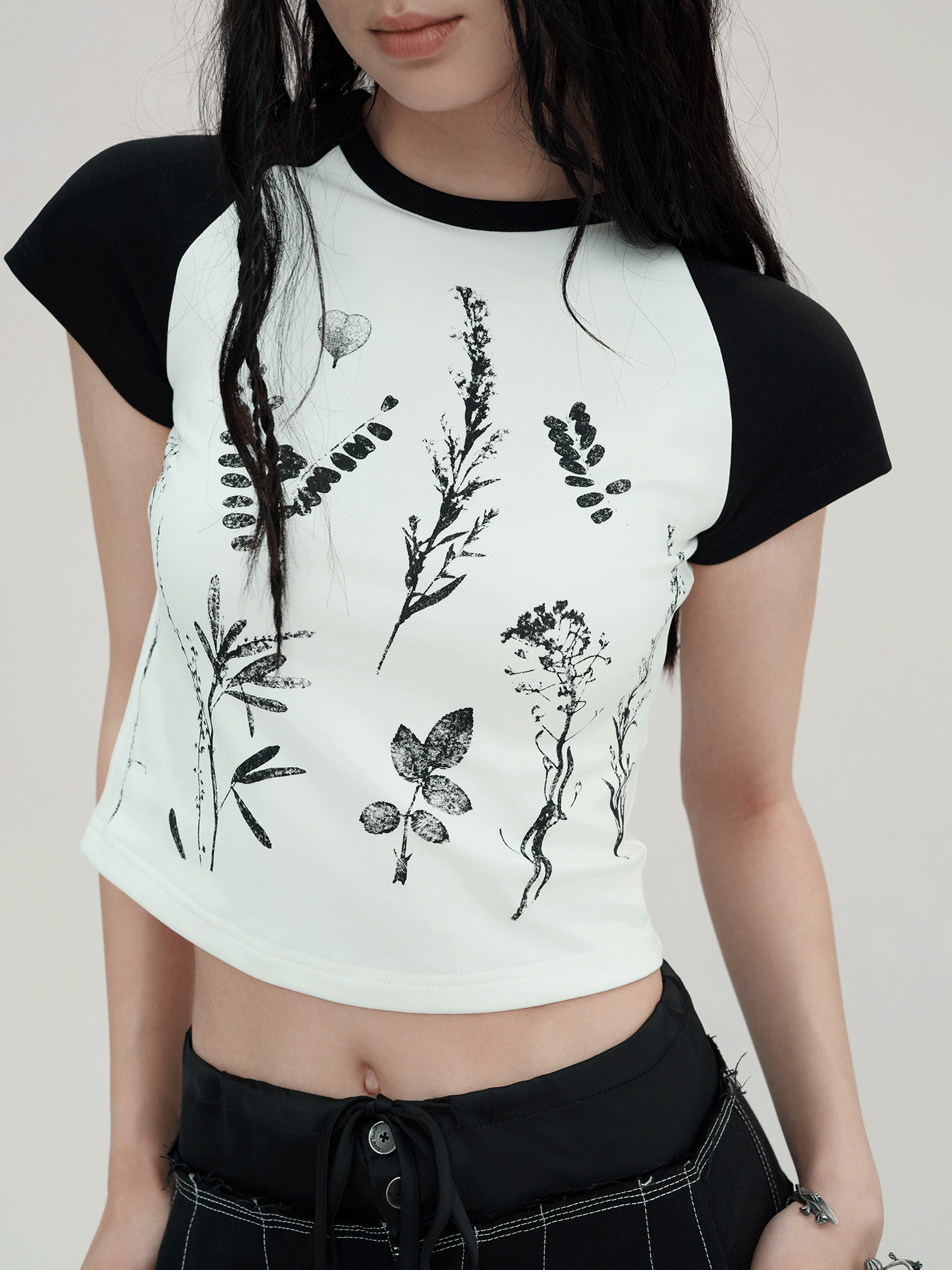 Plant Print Floral Raglan Sleeve T-shirt