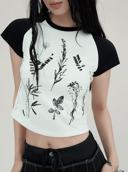 Plant Print Floral Raglan Sleeve T-shirt