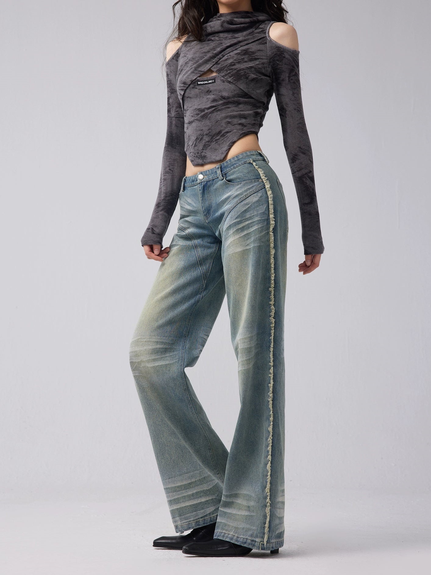 Distressed Washed Straight-leg Low-rise Jeans