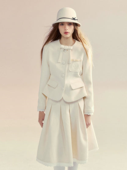 Embroidery Ribbon Short Jacket ＆ Mid-Length Tuck Pleated Skirt