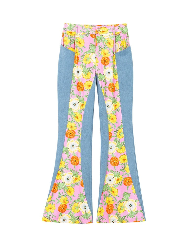 Patchwork Floral Stretch Denim Pantalon évasé