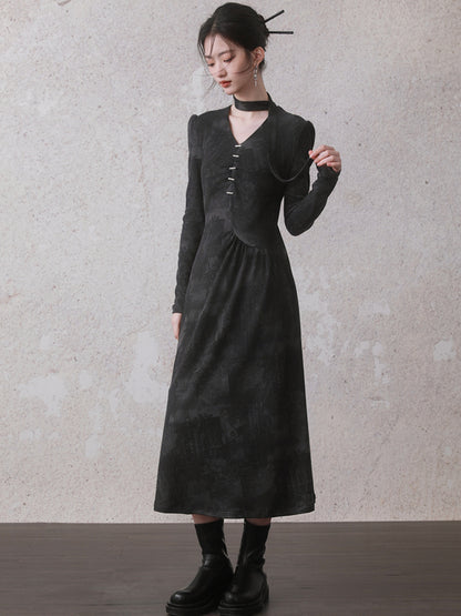 V-neck Wrinkled Knitted Long-sleeved Dress