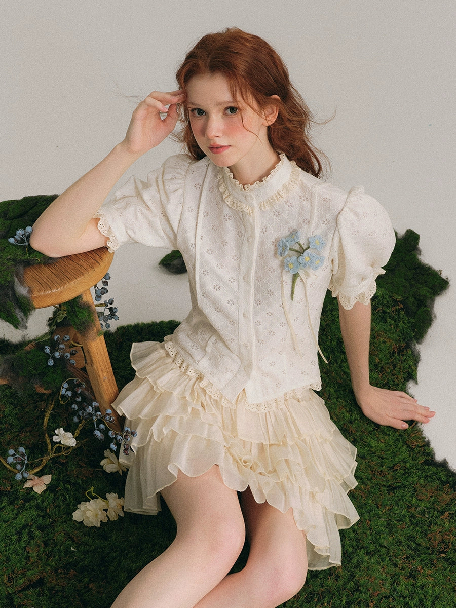 Stand Collar Jacquard Lace French Short-sleeved Shirt