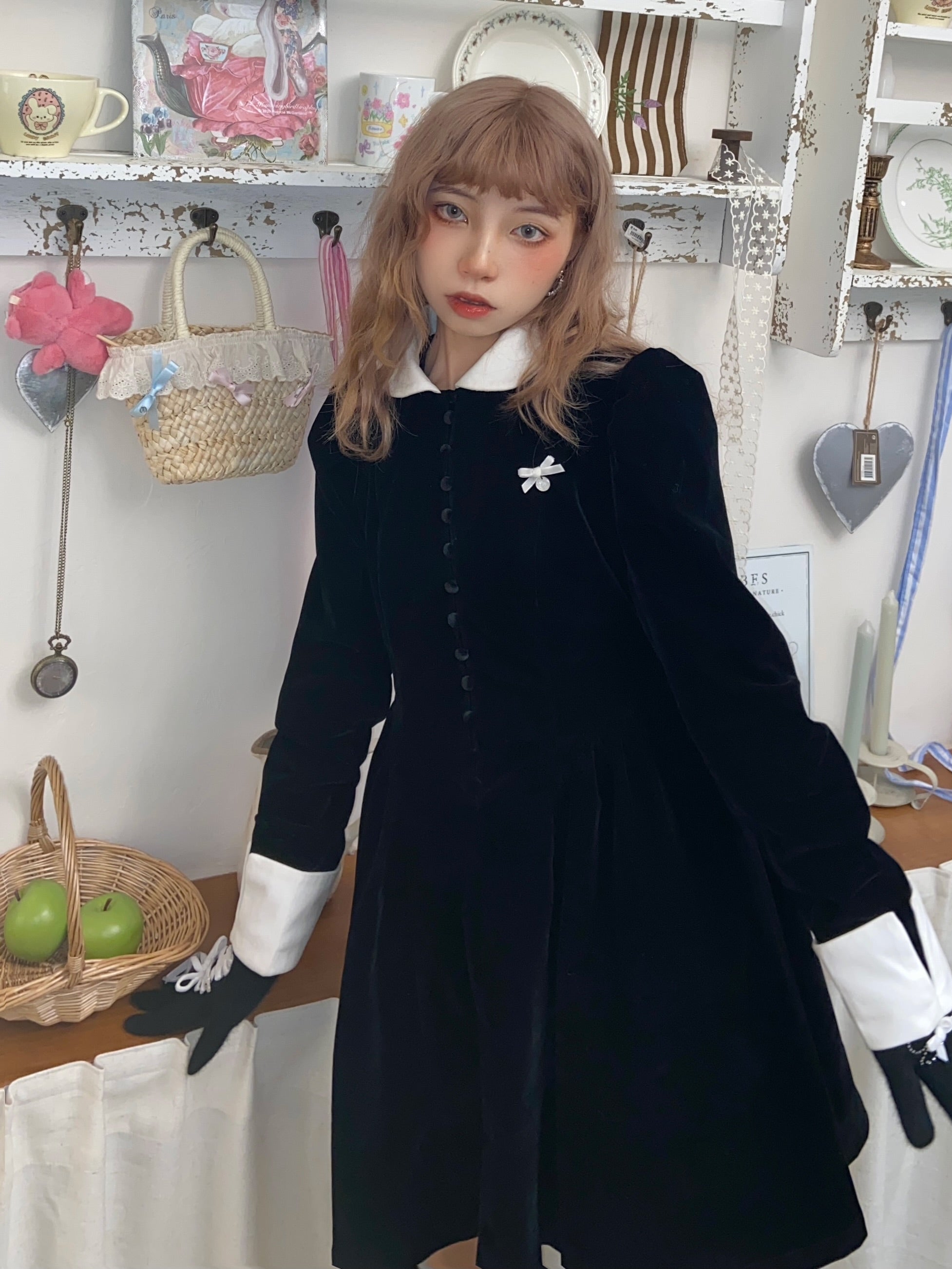 Velvet Puff Sleeves Doll Dress