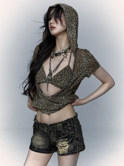 Leopard Print Mesh Hooded Cover-up