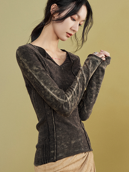 Key-Neck Washed Stitch Bottoming Sweater