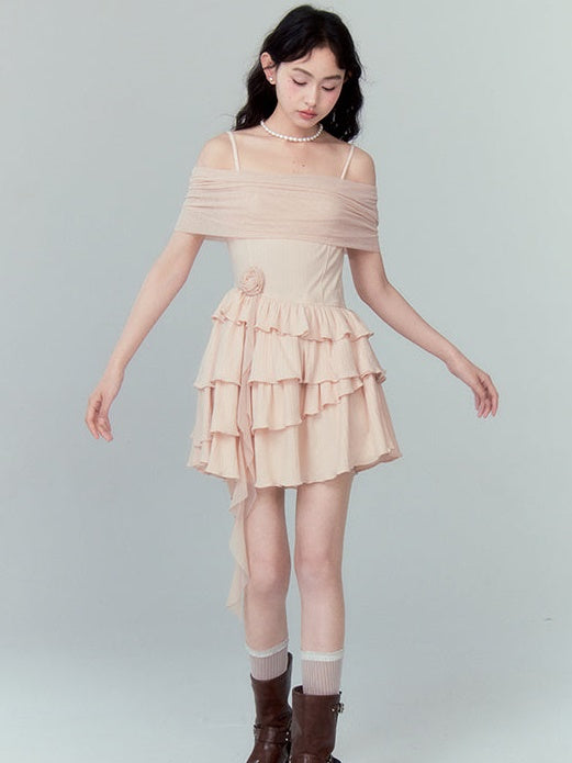 Strap Off-shoulder Ruffle Stitching Dress