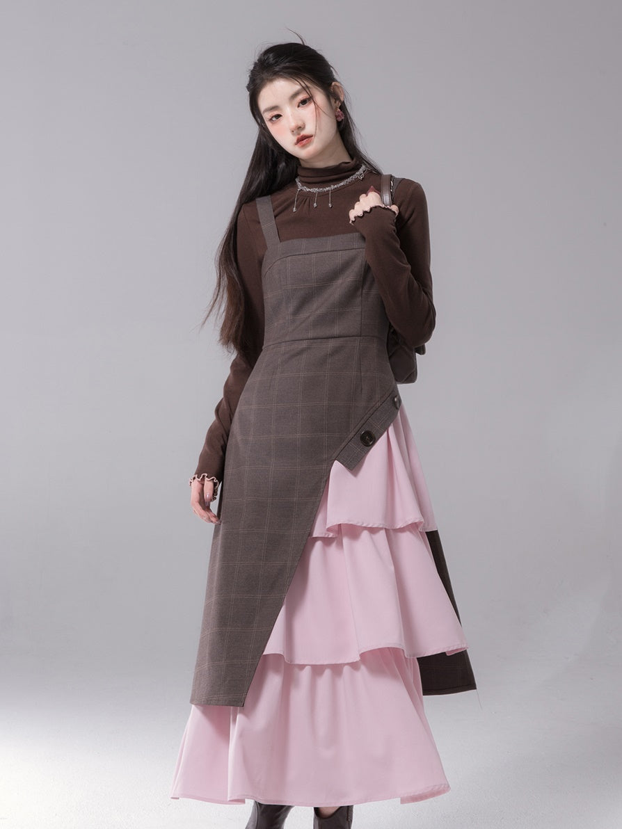 Contrast Color Suspender Dress &amp;  Neckline Shirting Bottom Shirt Set-up