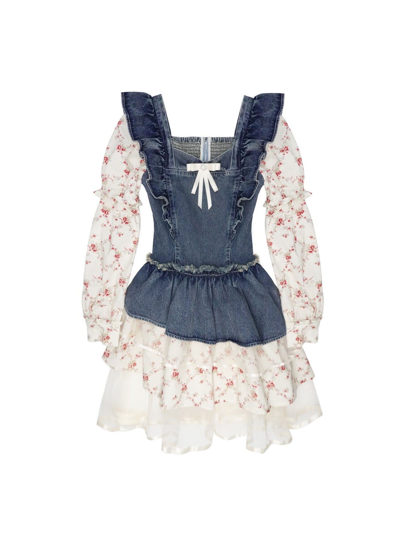 Petite manche volante couture en denim fausse robe en deux pièces