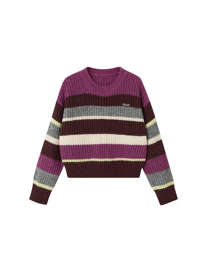 Contrast Color Striped Round Neck Loose Sweater