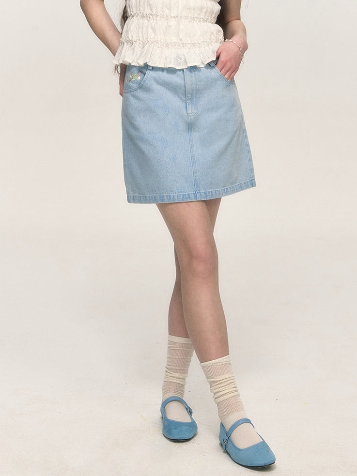 Simple Embroidery A-line Washed Denim Mini Skirt