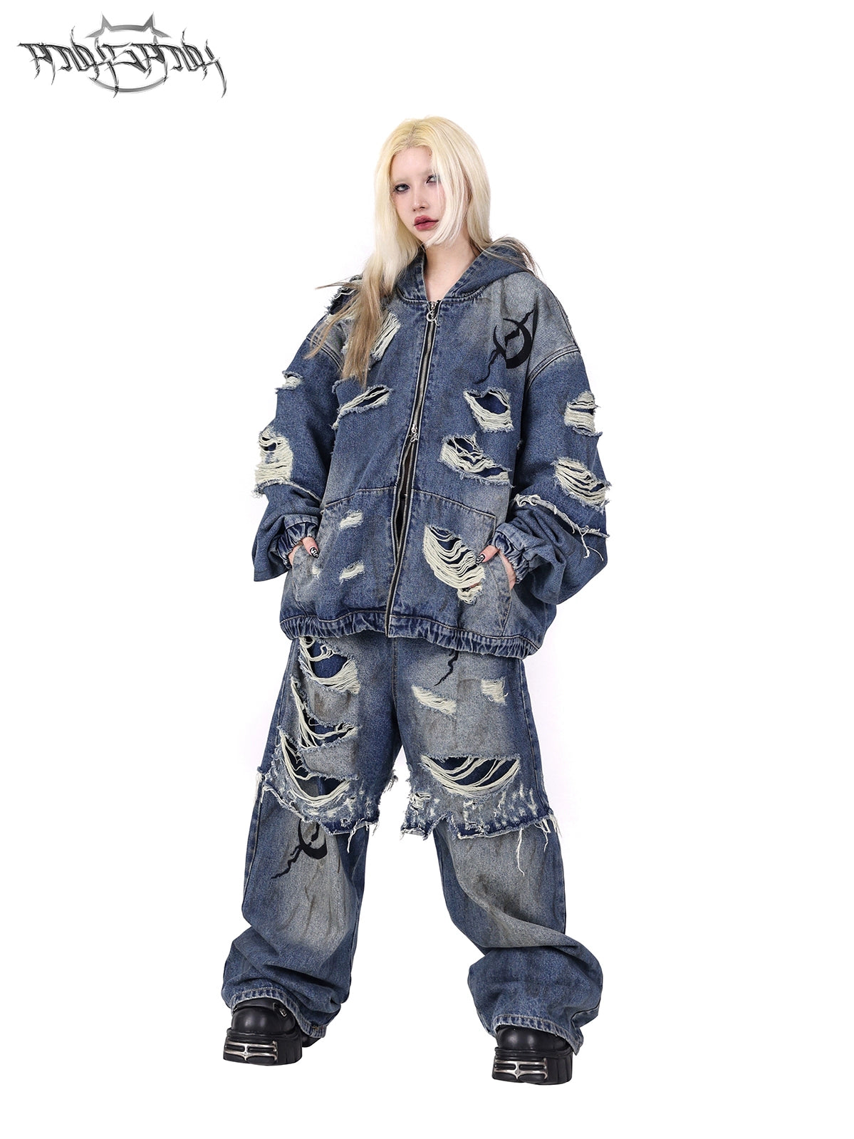 Holes Loose Genderless Hooded Denim Jacket