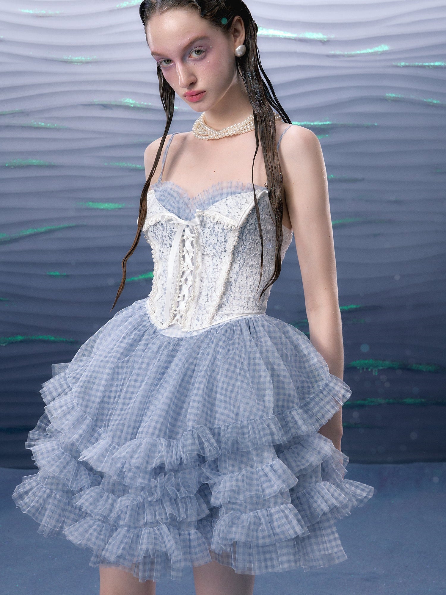 Plaid Mesh Tutu Suspender Dress ＆ Lace Pearl Corset