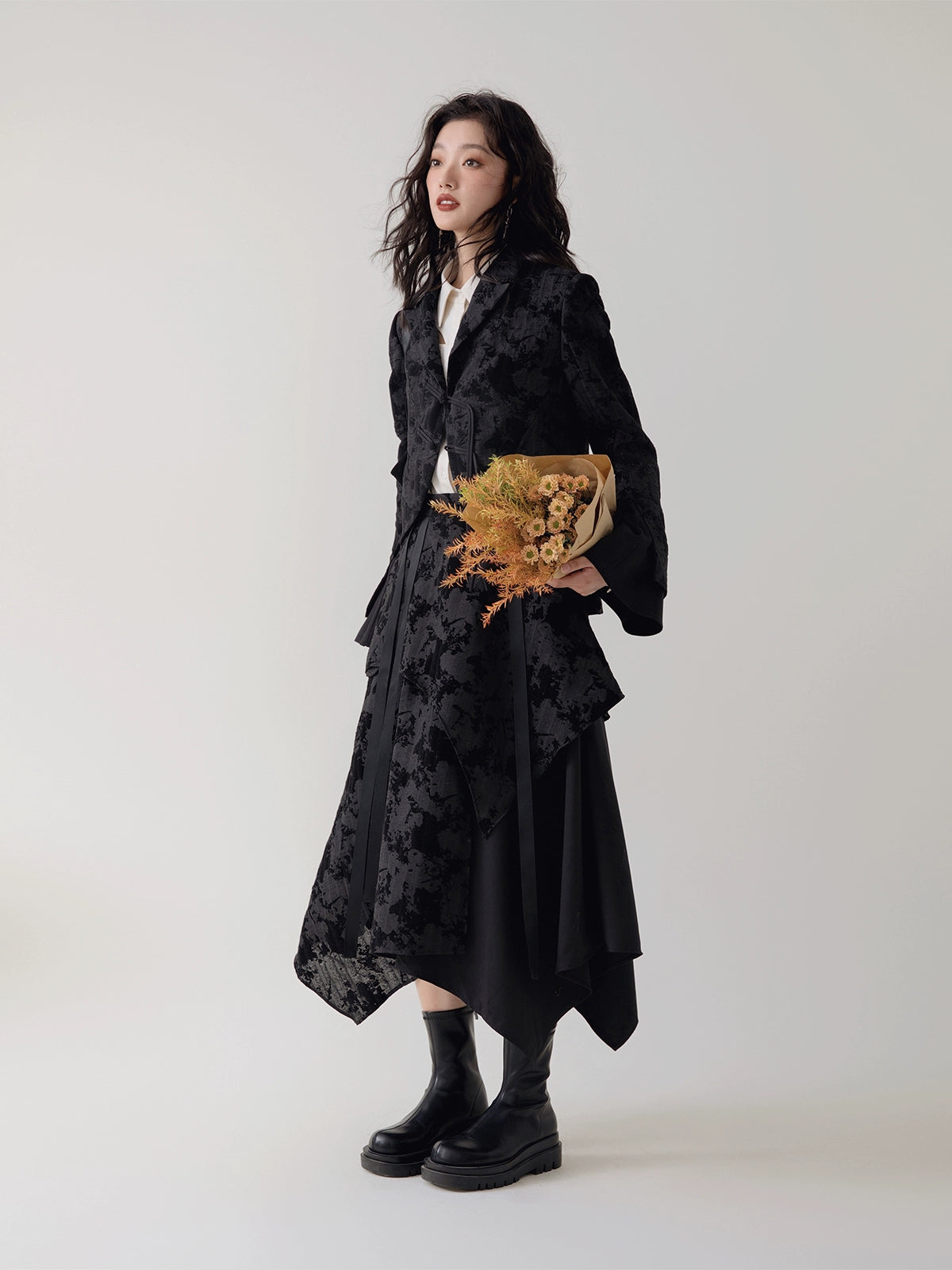 Chinese Style Flare Sleeve Jacket ＆ Asymmetrical Skirt