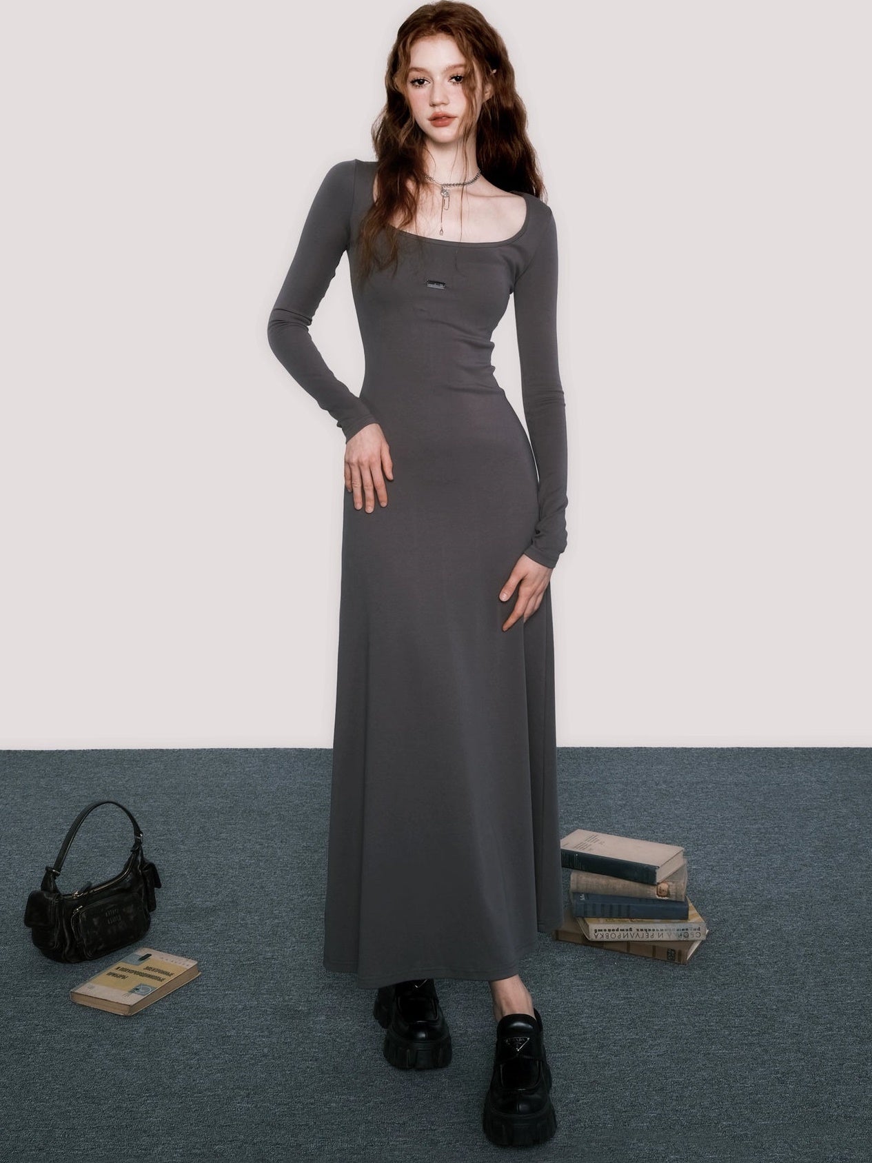 Square Collar Slim Long Dress