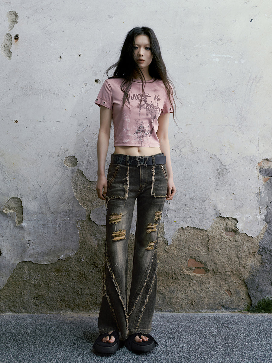 Washed Distressed Hole Bell Bottom Denim Pants