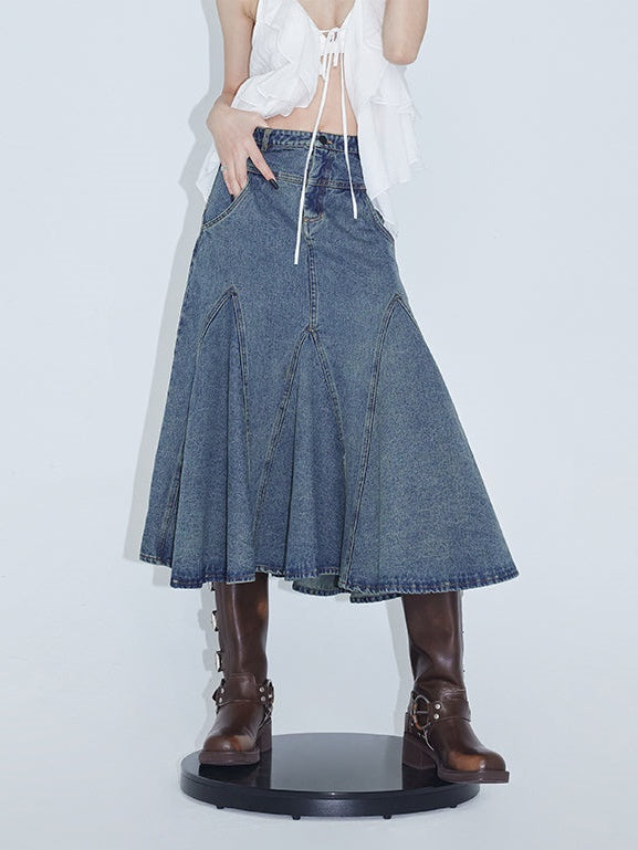 High Waist A-line Fishtail Umbrella Denim Skirt