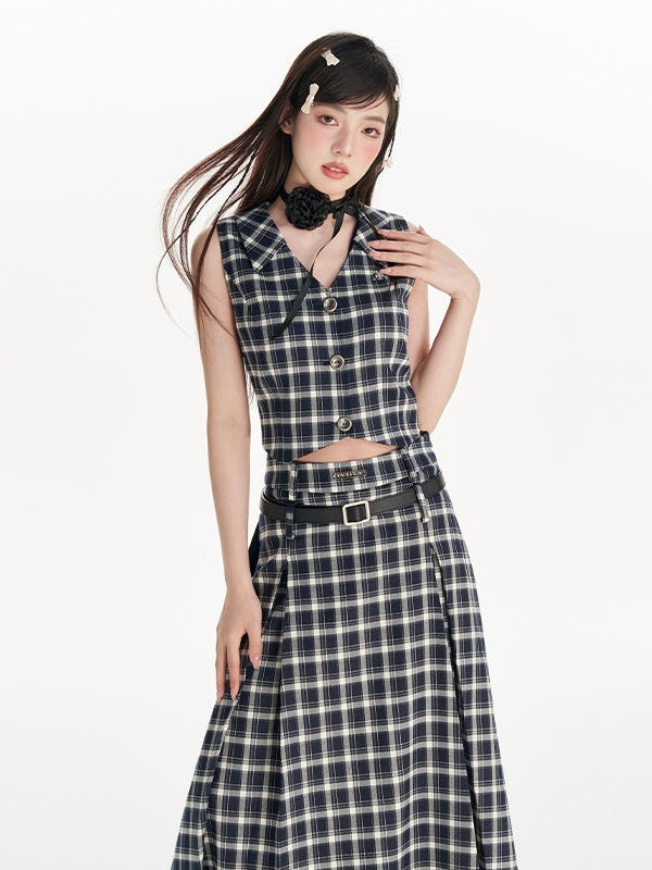 Plaid Short Weste &amp; High Taille A-Line Long Rock