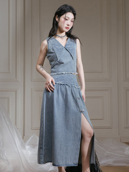 Butterfly Jacquard Denim Sleeveless Top &amp; Skirt Set-up