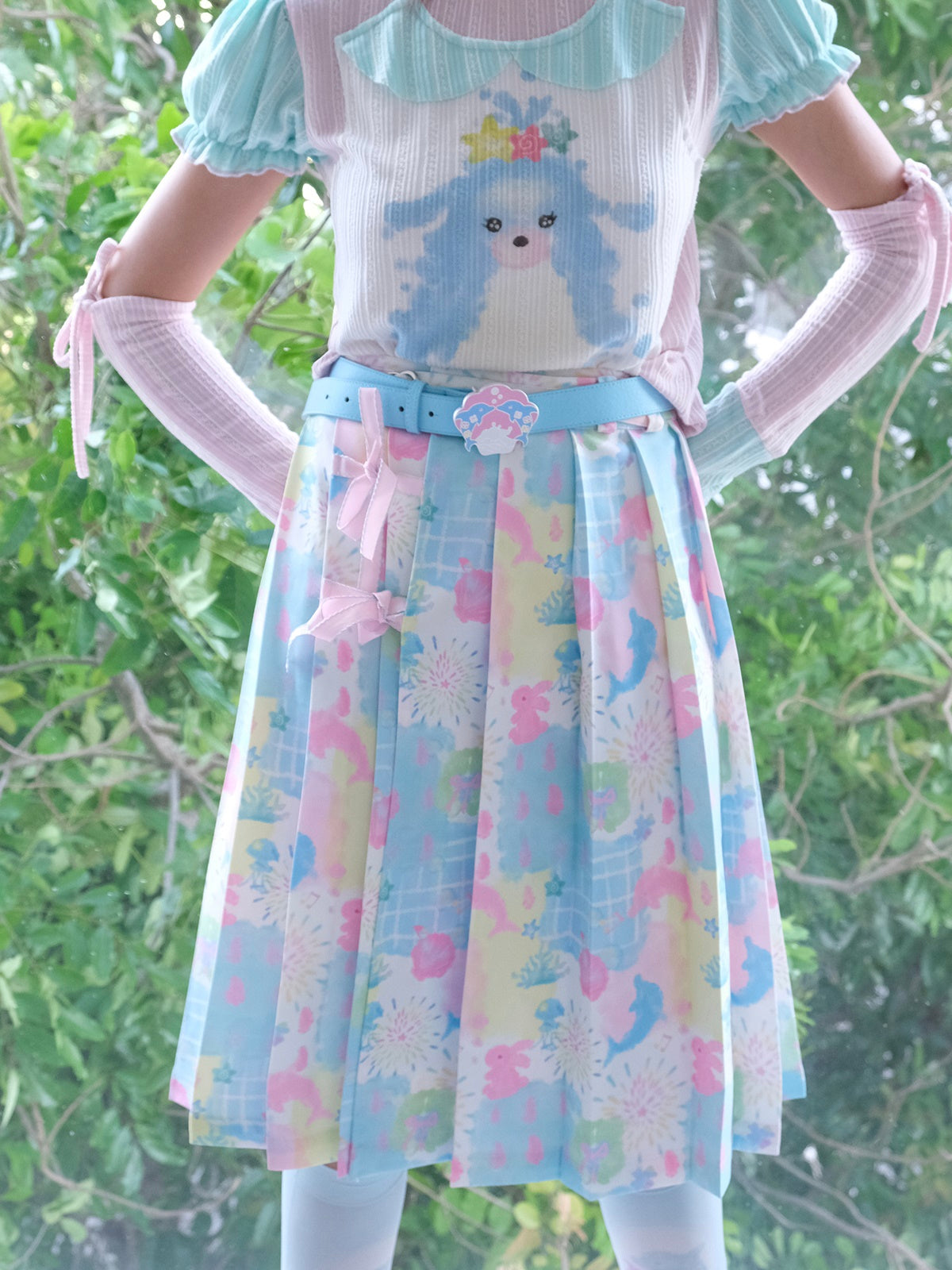 Cartoon Dolphin Printed Pleated Skirt