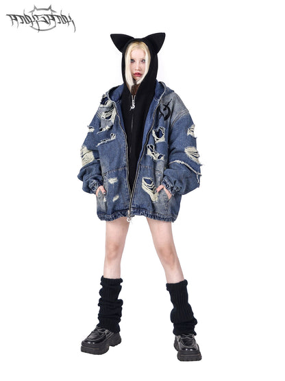 Holes Loose Genderless Hooded Denim Jacket