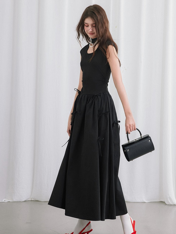 Square Cutout Stand Collar Bow Long Dress