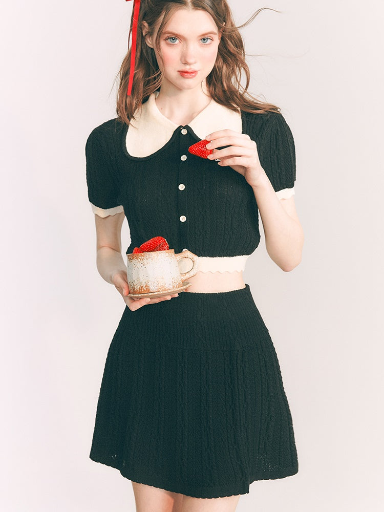 DOLL COLLAR KNITTED TOP &amp; A-LINE HALF SKIRT SET-UP