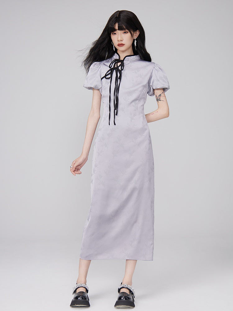 Color Trim Chinese Style Puff Sleeve Dress