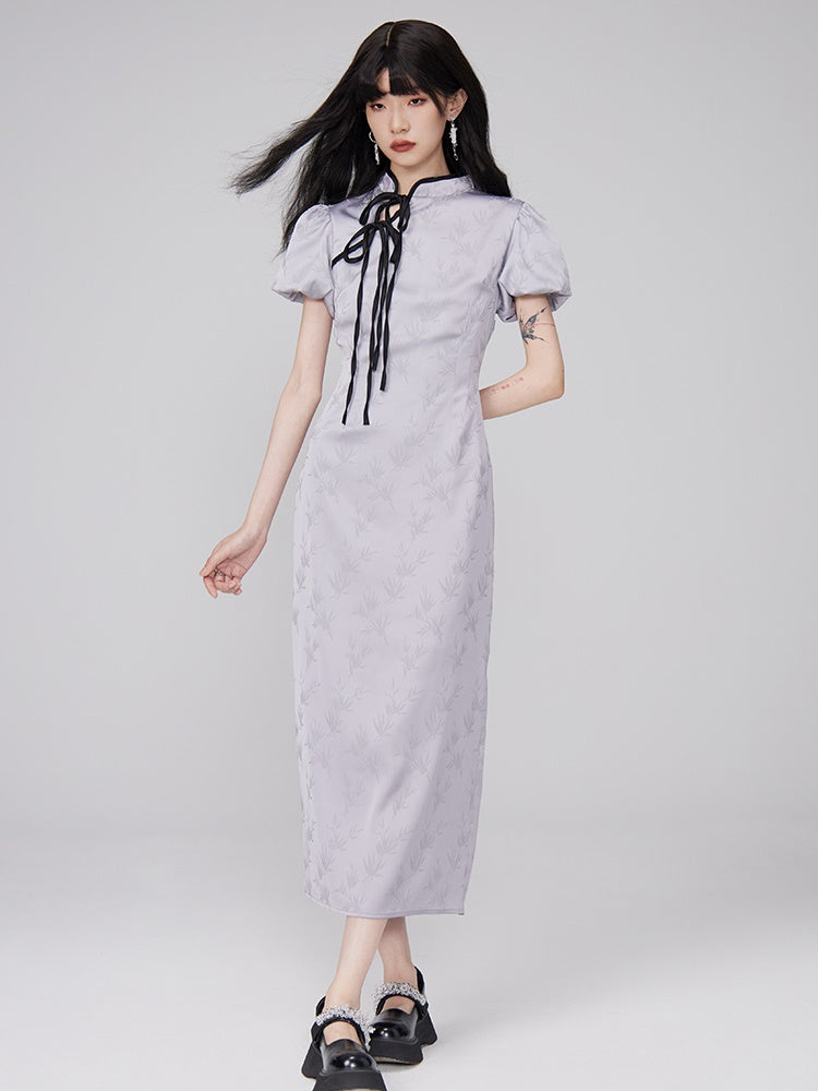 Color Trim Chinese Style Puff Sleeve Dress