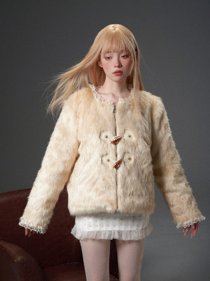 Gradient Lace Spliced Horn Button Detachable Fur Jacket